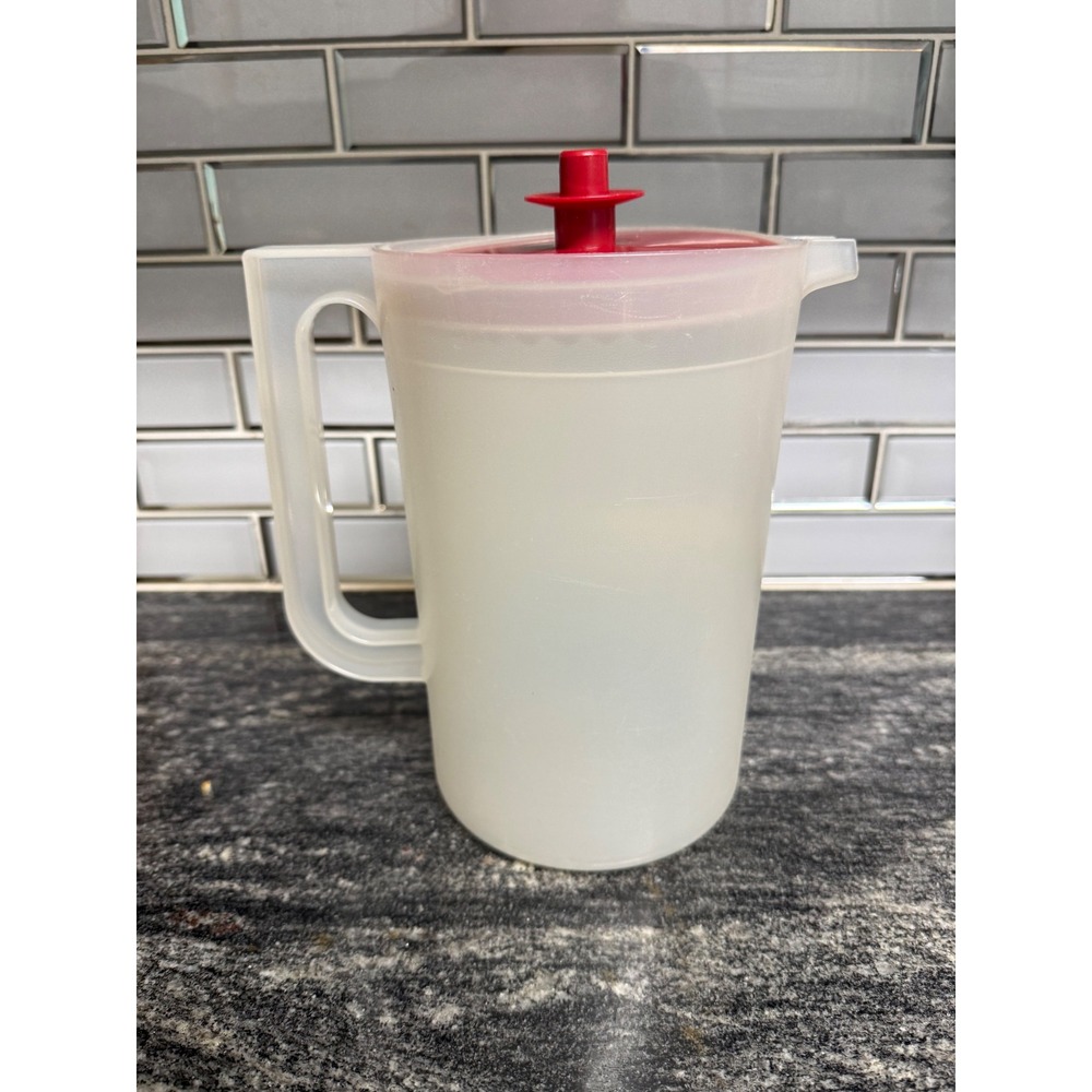 Vintage Tupperware 2 Quart Pitcher Sheer Frosted Red Push Button Lid 800-8